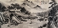 祁大寿《烟江风雨图》纸本镜片, 1986