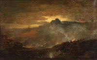 A view of the battlefield with fallen soldiers,...