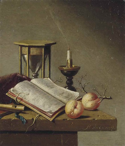 An hourglass, flute, open book, candle and peaches on a wooden ledge by Harmen Steenwyck an hourglass, flute, open book, candle and peaches on a wooden ledge by harmen steenwyck