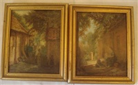 Figures seated in a shady courtyard (pair)