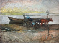 Unloading the barge by the gas lantern