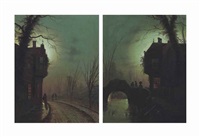 Figures on a moonlit road beside a house; and... Figures on a moonlit road beside a house; and...