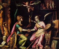 minerva as patroness of the arts, in a studio with a personification of the arts by quentin varin