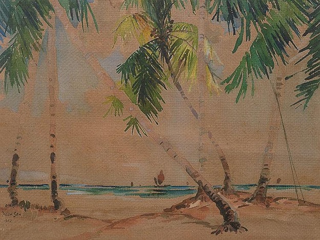 Karya Yong Mun Sen Kampung Di Tepi Laut 1952 Cat Air - Yong Mun Sen
