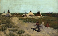 Indians and teepees in a rolling hill landscape Indians and teepees in a rolling hill landscape