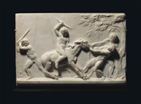 Youths playing with donkey