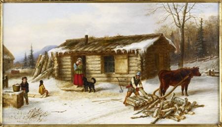 Chopping Logs Outside A Snow Covered Log Cabin By Cornelius David