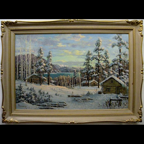 Winter Scene With Log Cabins By Otto Planding On Artnet