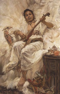An oriental woman playing the mandolin
