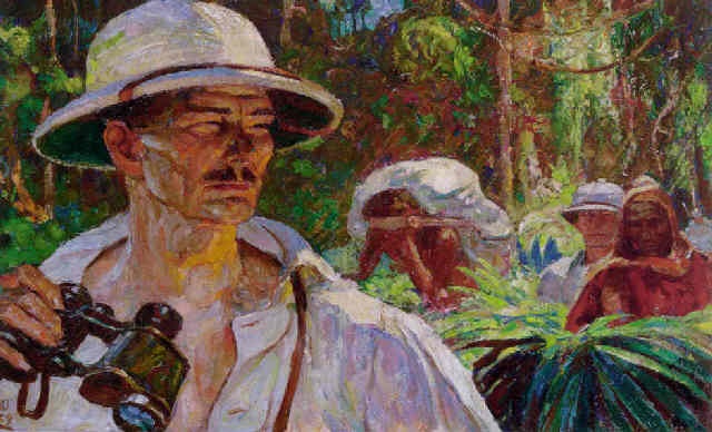 Men in pith helmets and guides emerging 