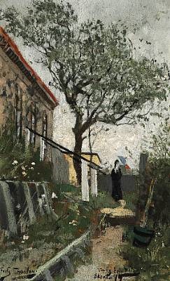 Woman With A Parasol On A Path In The Garden Behind Merchant