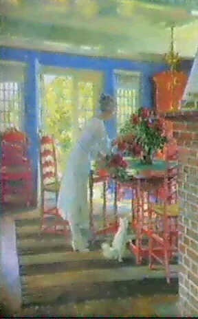 Interior, sondag morgen i den bla stue, kunstnerens hustru saetter ... Stue blomster