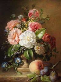 A still life of flowers, plums and a peach, 1850 A still life of flowers, plums and a peach, 1850