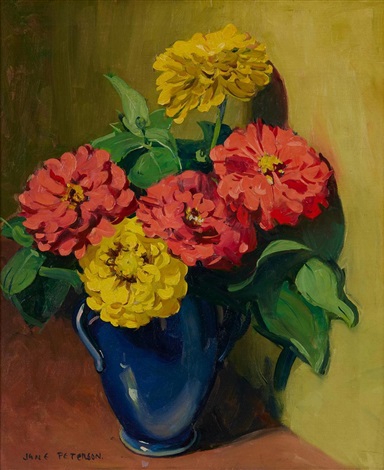 zinnias in a blue vase by jane peterson