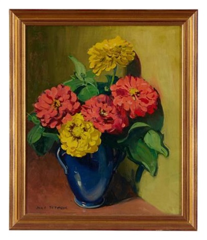 zinnias in a blue vase by jane peterson
