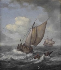 a fishing boat, a rowing boat and a dutch three-master in choppy waters by pieter mulier the elder