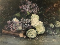 Livres, pivoines et lilas sur un entablement Livres, pivoines et lilas sur un entablement