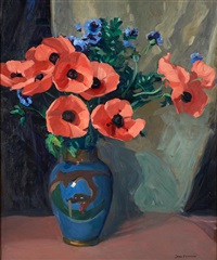 Oriental Poppies, Blue Chinese Vase