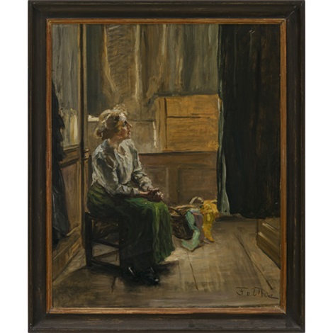 interior with seated young woman by fritz von uhde