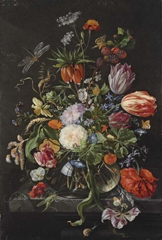 Flowers In A Glass Vase On A Stone Ledge By Jan Davidsz De Heem On