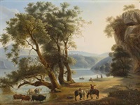 An Italianate lakeside landscape with figures...