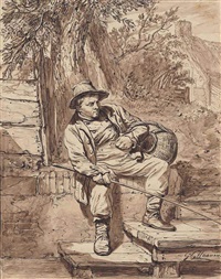 An angler seated by mooring steps An angler seated by mooring steps