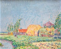 A landscape with a farm and haystacks