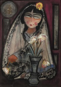 Femme assise en tailleur derrière un bouquet de... Femme assise en tailleur derrière un bouquet de...