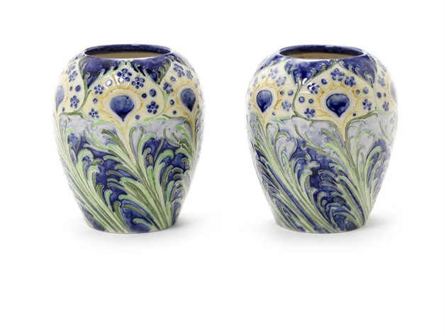 Peacock Feathers Pair Of Early Florian Vases By William Moorcroft