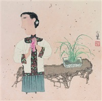 兰香仕女图 镜框 设色洒金笺 (Figure)
