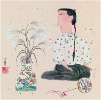 瓶花仕女图 镜框 设色洒金笺 (Figure)