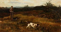 Norwegian landscape with a hunter with his dog Norwegian landscape with a hunter with his dog