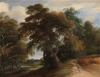 A wooded landscape with a church spire in the... A wooded landscape with a church spire in the...