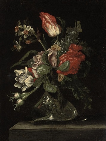 Parrot Tulips Carnations Narcissi And Other Flowers In A Glass