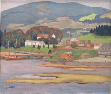 tranquil village scene on the shoes of a waterway with a hilly landscape to the background by randolph stanley hewton