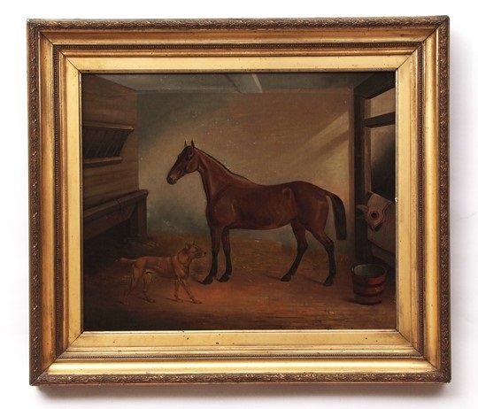 Horse And Dog In Stable Interior By Cornelius Jason Walter