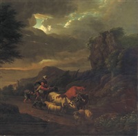 An Italianate landscape with a peasant family in An Italianate landscape with a peasant family in