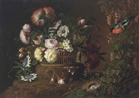 Roses, narcissi and other flowers in a wicker...
