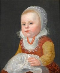 portrait of a young girl, half-length, in a red dress with a white lace collar and cap by adriaen van der linde