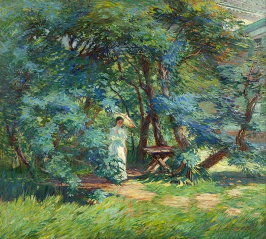 Woman With Parasol In A Garden By Arthur Watson Sparks On Artnet