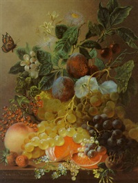 Plums, grapes, an orange and other fruit and... Plums, grapes, an orange and other fruit and...