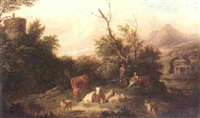 An Italianate landscape with a cowherd watching... An Italianate landscape with a cowherd watching...