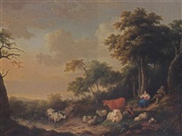 A wooded landscape with a shepherd playing a... A wooded landscape with a shepherd playing a...