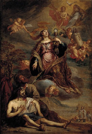 Saint Barbara Comforting A Dying Man With The Last Sacrament By