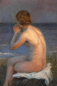 A nude female sitting on the beach at sunset, 1908