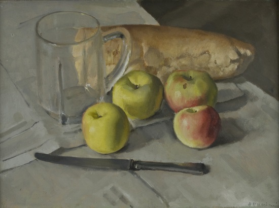 Natura Morta Con Mele Pane Brocca Di Vetro E Coltello Su Un Tavolo By Antonio Bresciani On Artnet