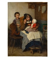 grossmutter, ihrem enkelkind die suppe gebend by albert anker