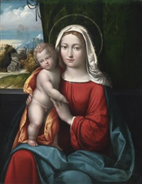 Madonna and Child before a curtain, a... Madonna and Child before a curtain, a...