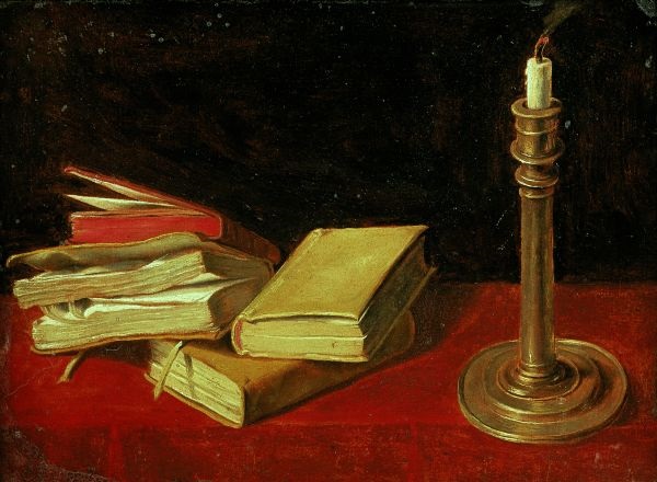 Nature Morte Aux Livres Et Chandelier Sur Un Entablement Recouvert Dune Nappe Rouge By French School 17 On Artnet