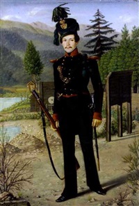 Junger Offizier in tiroler Landschaft vor..., 1841 Junger Offizier in tiroler Landschaft vor..., 1841